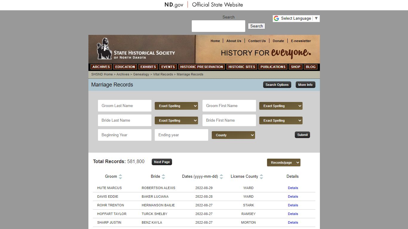 Marriage Records - State Archives - North Dakota